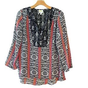 Fig and Flower S Black Red Bohemian Gypsy Lightweight Relaxed Mix Pattern Blouse